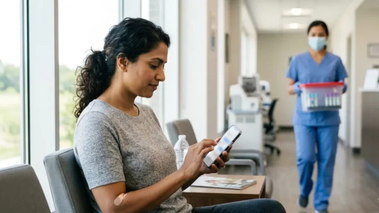 Patient checking smartphone after a blood draw while waiting for BMP Results in a modern healthcare setting