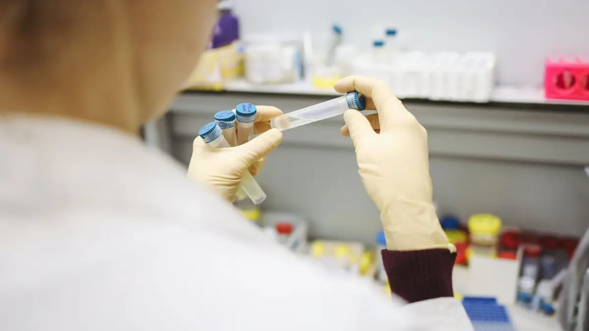 Clinical specialists managing automated diagnostics equipment within an out-of-network reference lab processing routine preventive blood work.