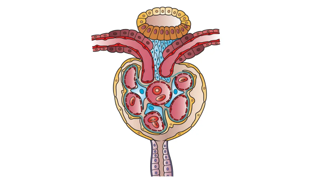 Anatomical vector of a kidney nephron showing filtration mechanics related to the BUN and Creatinine CMP Normal Range.