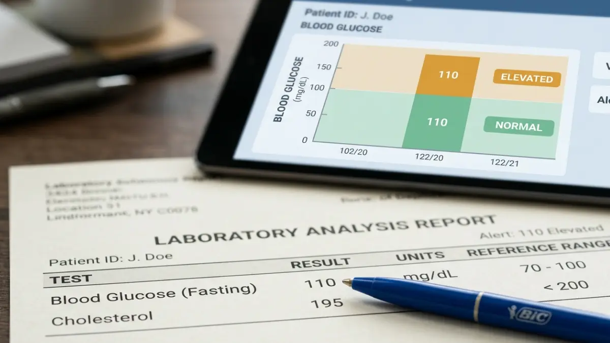 Official lab report document detailing metabolic panel normal ranges alongside digital comparison charts.