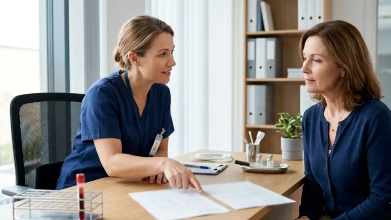 LDL Calculation discussion between a healthcare professional and an adult patient reviewing cholesterol testing during a clinical consultation
