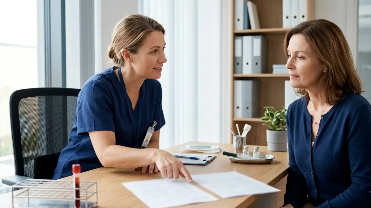 LDL Calculation discussion between a healthcare professional and an adult patient reviewing cholesterol testing during a clinical consultation