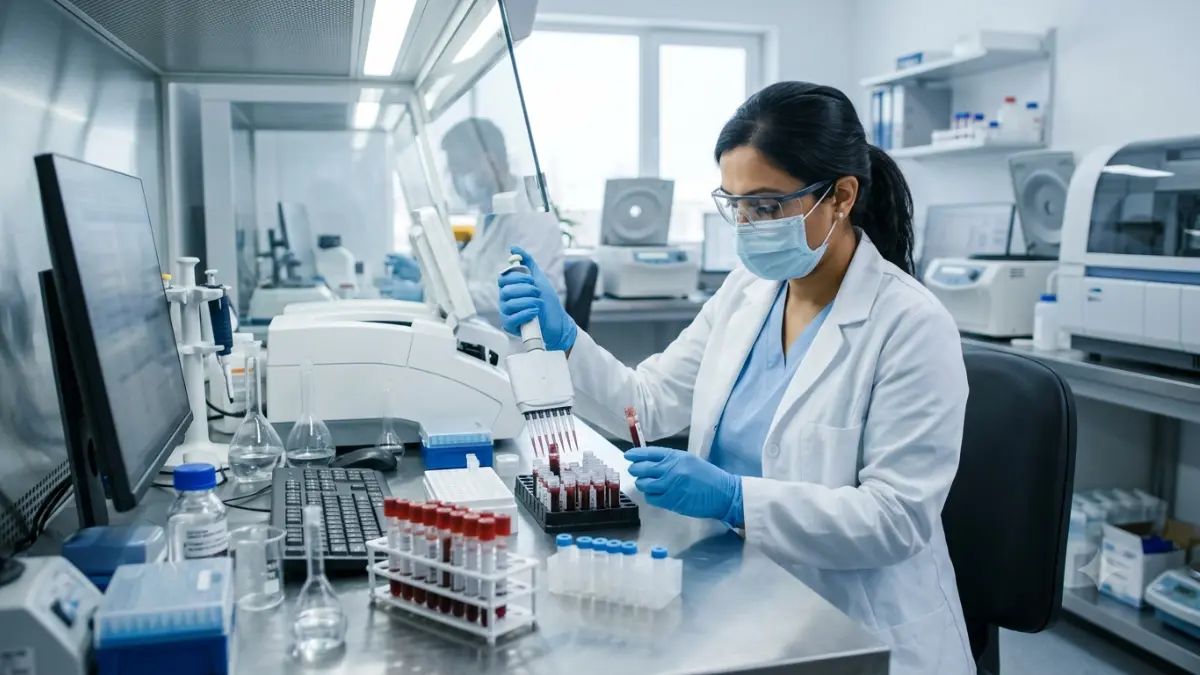 Clinical scientist preparing blood samples for advanced LDL Number testing in a medical laboratory