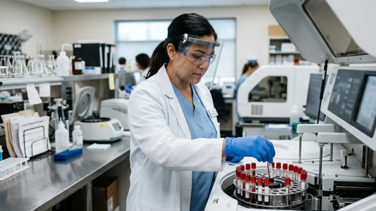 Clinical laboratory technologist analyzing blood samples used to calculate LDL Number during lipid testing