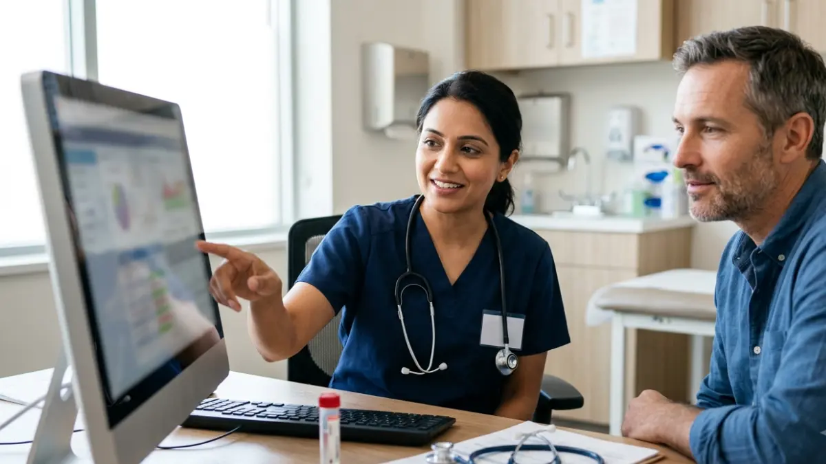 Doctor discussing LDL Number and cholesterol blood test results with an adult patient during a medical consultation