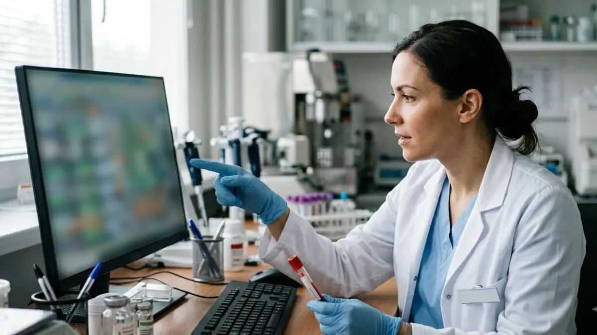 Healthcare professional reviewing lipid testing workflow related to LDL Number calculation in a clinical setting