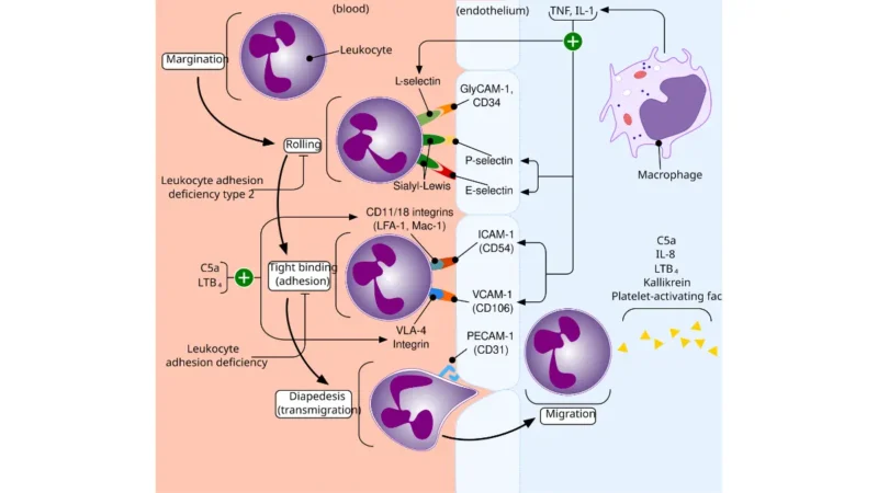 A detailed vector diagram of leukocyte extravasation, showing how white blood cells respond to infection, relevant for assessing an abnormal CBC count.
