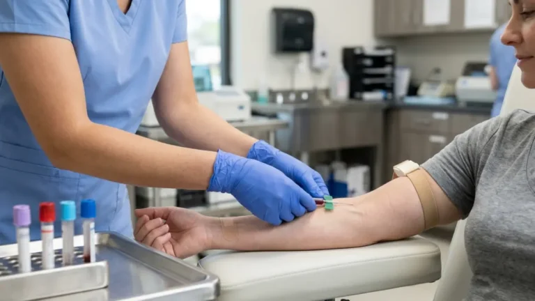 Healthcare professional collecting a blood sample for Lipid Panel Measures in a modern clinical laboratory