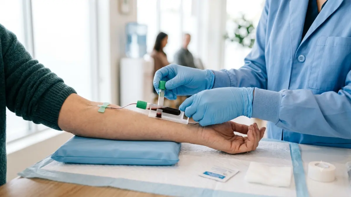 Healthcare professional collecting a blood sample for Lipid Panel Cost Without Insurance testing in an outpatient laboratory.