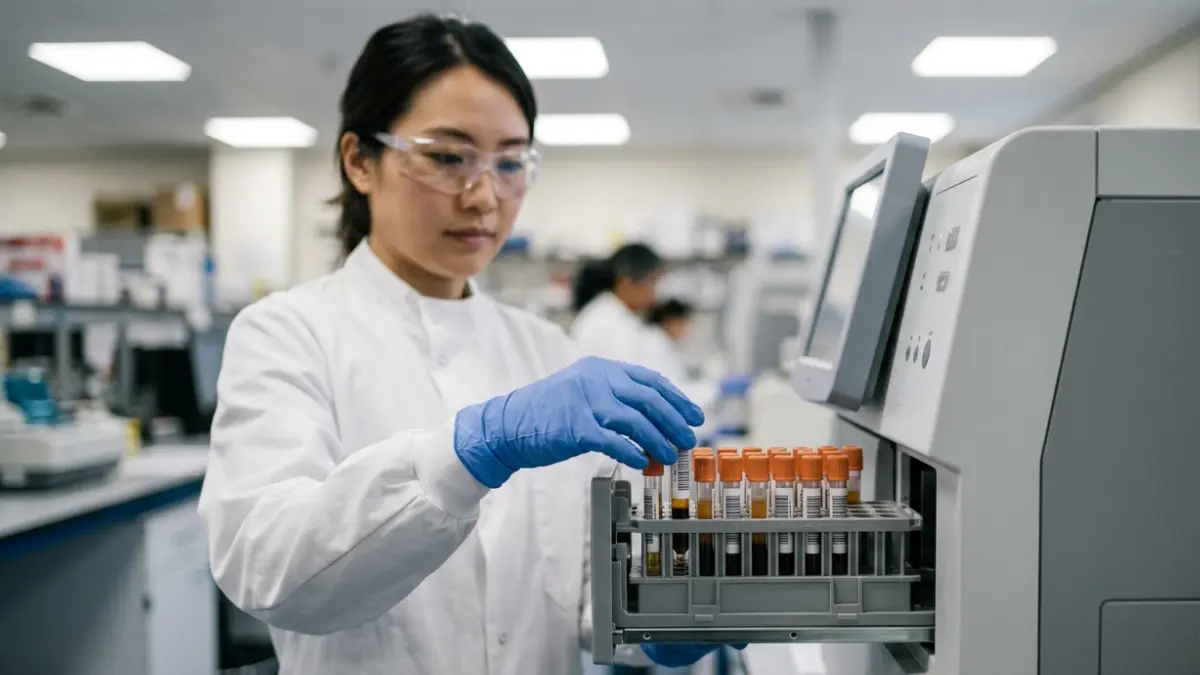 Laboratory technician loading blood samples into the analyser that measures the three lipid panel values