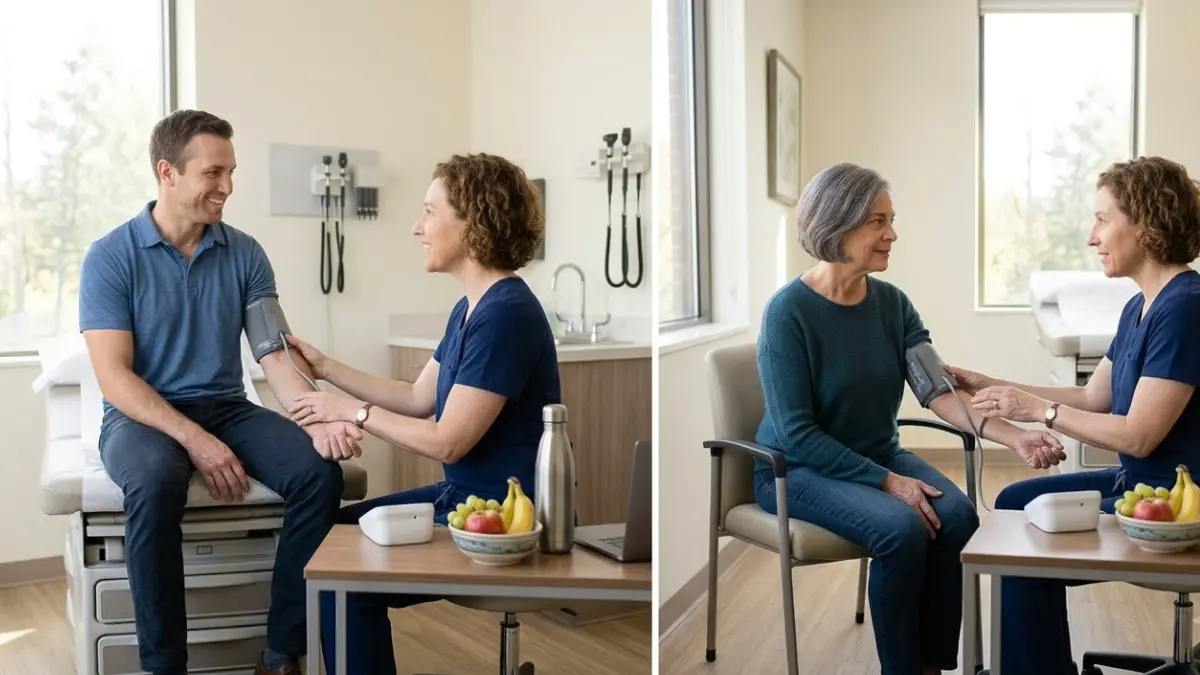 Healthcare professional performing a preventive cardiovascular assessment before recommending Lipid Panel testing