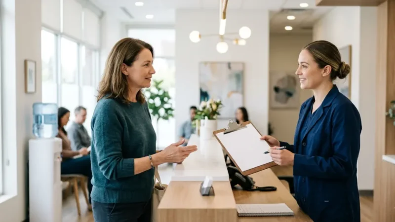 Patient asking about Lipid Panel Cost Without Insurance at a diagnostic laboratory reception before scheduling a cholesterol blood test.
