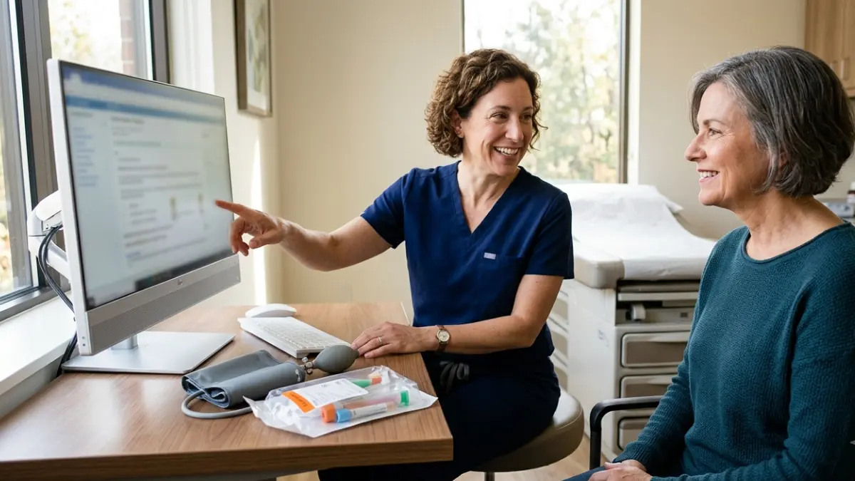 Primary care physician discussing Lipid Panel testing and preventive cholesterol screening with an adult patient during a routine health visit