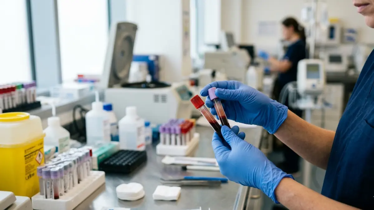 Lipid Panel comparison showing separate blood sample tubes representing routine cholesterol testing and Lipoprotein(a) blood testing in a modern clinical laboratory
