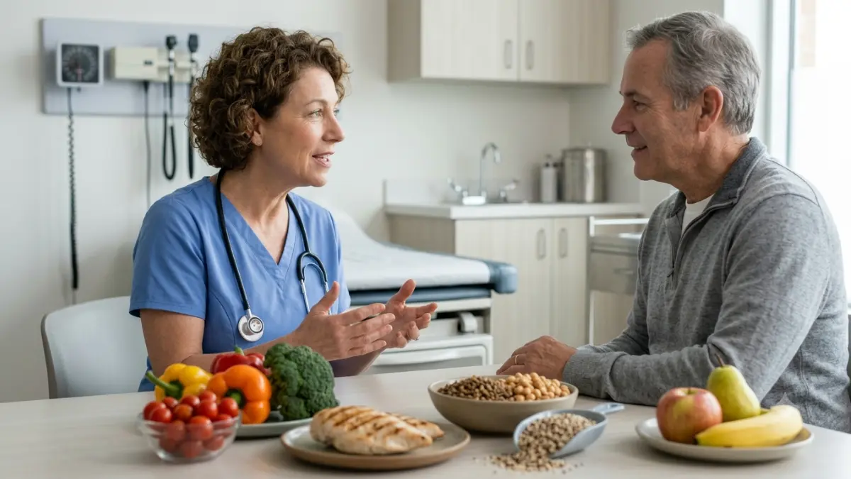 Healthcare professional discussing balanced nutrition related to a low BUN Creatinine Ratio with a patient