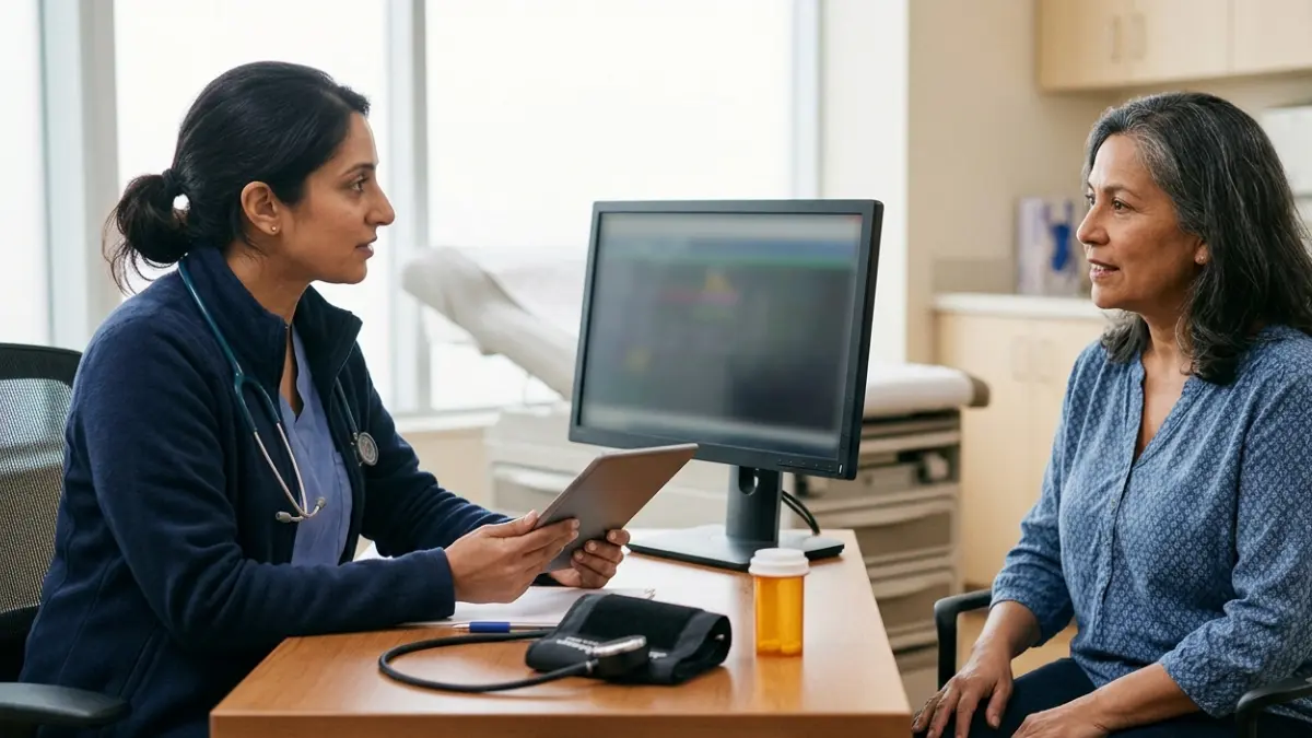 Low HDL Cholesterol evaluation during a clinical consultation as a physician reviews possible contributing factors with an adult patient