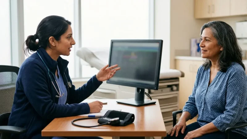 Low HDL Cholesterol discussion between a primary care physician and an adult patient during a routine cardiovascular health consultation in a modern medical clinic