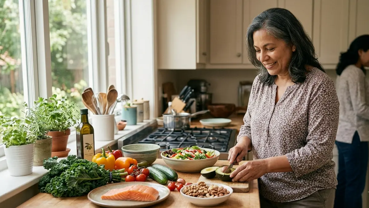 Low HDL Cholesterol lifestyle habits illustrated by an adult preparing a balanced meal with heart-healthy foods in a home kitchen