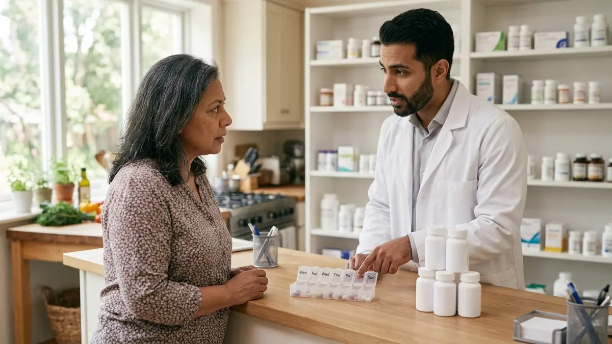 Low HDL Cholesterol medication review with a pharmacist discussing prescription medicines and possible cholesterol effects