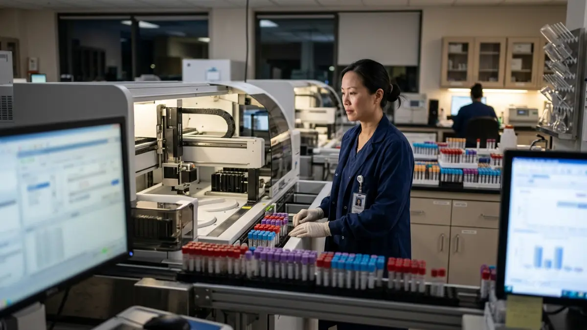 Medical laboratory professional reviewing equipment involved in LDL cholesterol calculation methods