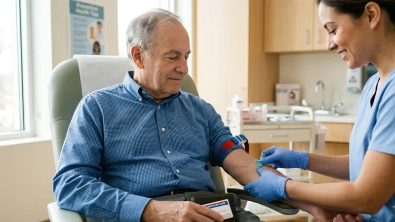 Cholesterol Test being performed during a routine blood draw for an older adult in a primary care clinic under Medicare coverage