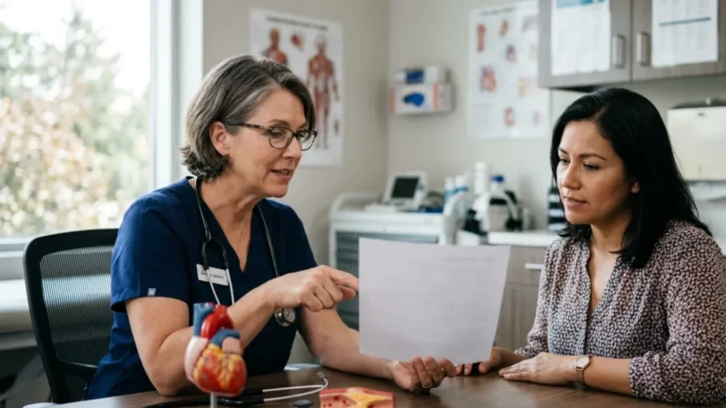 New Cholesterol Guidelines explained during a routine consultation between a physician and an adult patient discussing cardiovascular health.