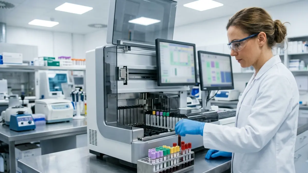 Clinical laboratory technician analyzing blood samples for Non-HDL Cholesterol testing.