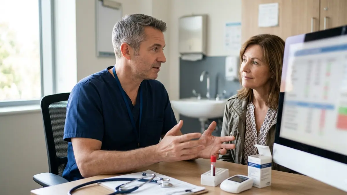 Doctor explaining Non-HDL Cholesterol during a patient consultation in a modern medical clinic.