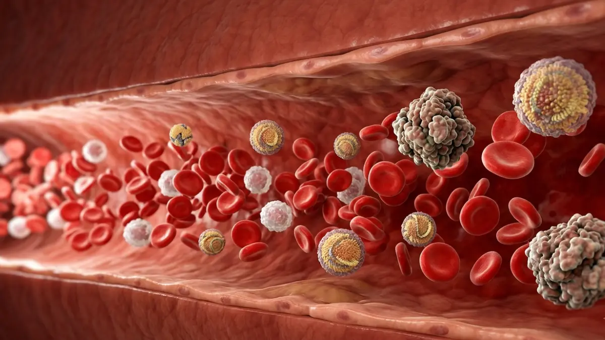 Medical visualization showing Non-HDL Cholesterol particles circulating inside a healthy human artery.