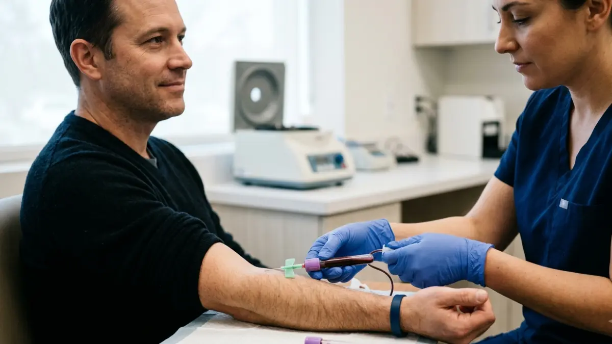 Healthcare professional collecting a blood sample for a Normal Lipid Panel test in a clinical laboratory