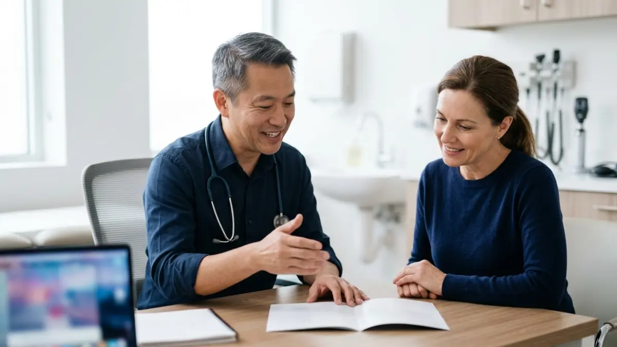Doctor explaining Normal Lipid Panel results to an adult patient during a routine primary care consultation