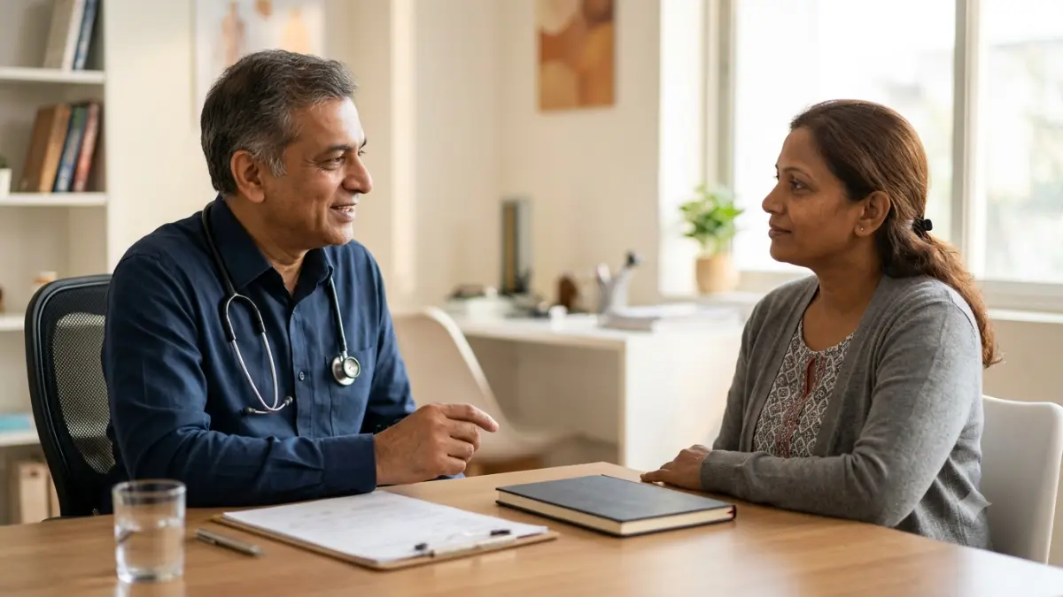 Patient discussing Normal Lipid Panel follow-up questions with a primary care physician