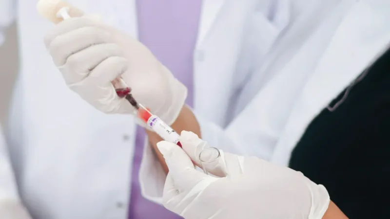 A medical professional examining a blood serum sample in a clinical laboratory to determine if a patient has low albumin levels.