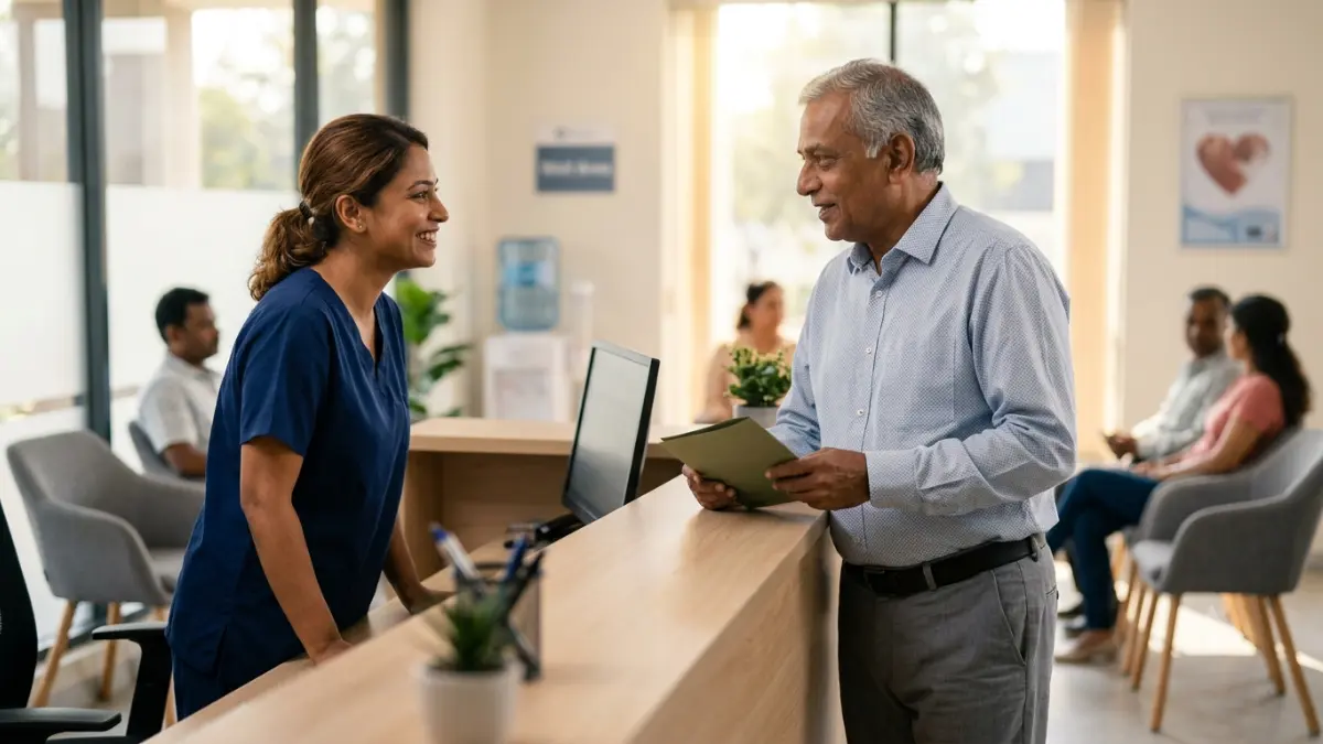 Older adult asking questions about a Cholesterol Test before a scheduled blood draw at a medical clinic