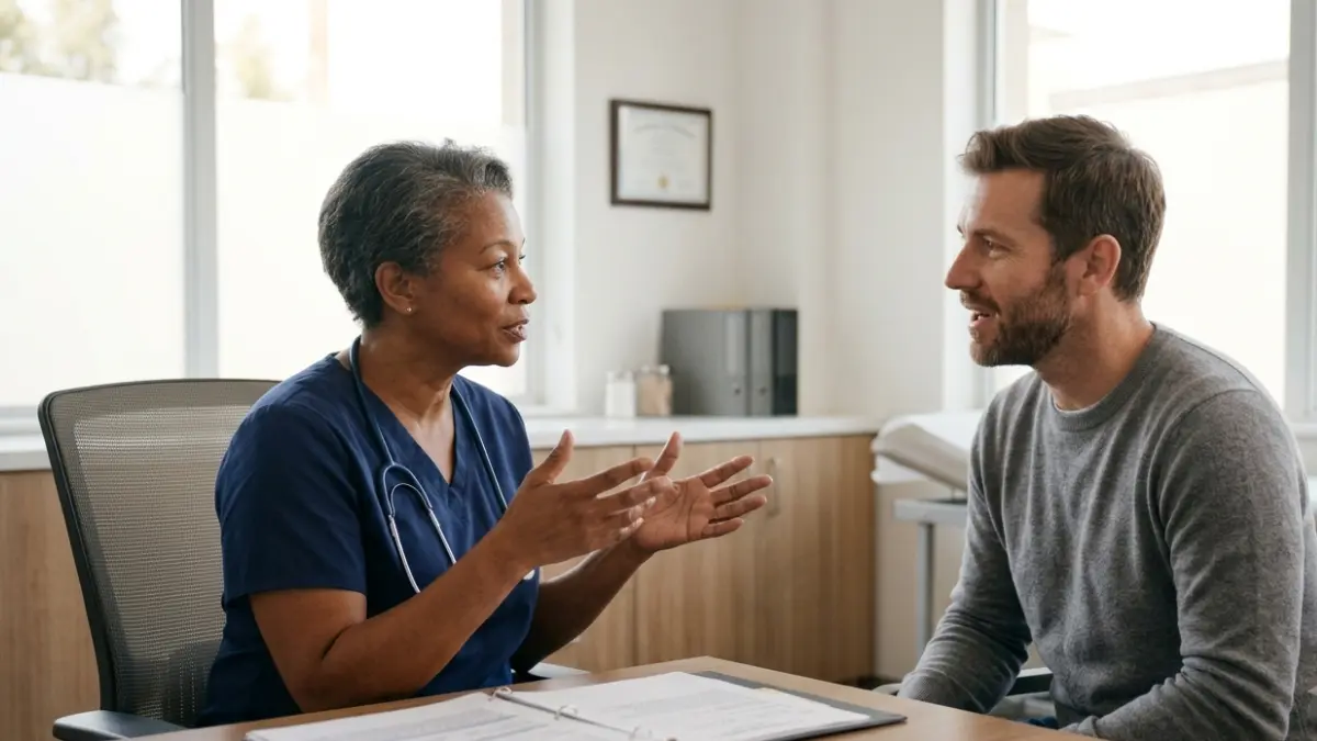 Clinician reviewing Lipid Panel Measures with a patient during a follow-up healthcare appointment