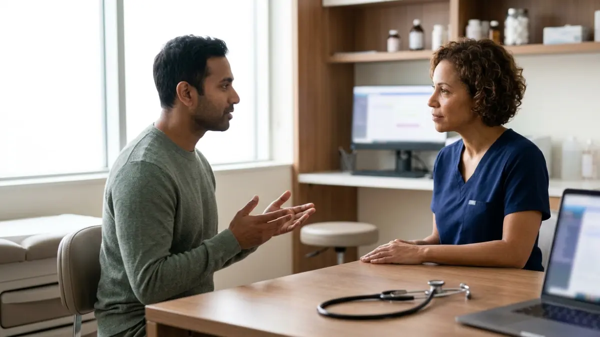 Patient discussing symptoms with a physician after normal cholesterol results and possible Liver Enzyme Tests