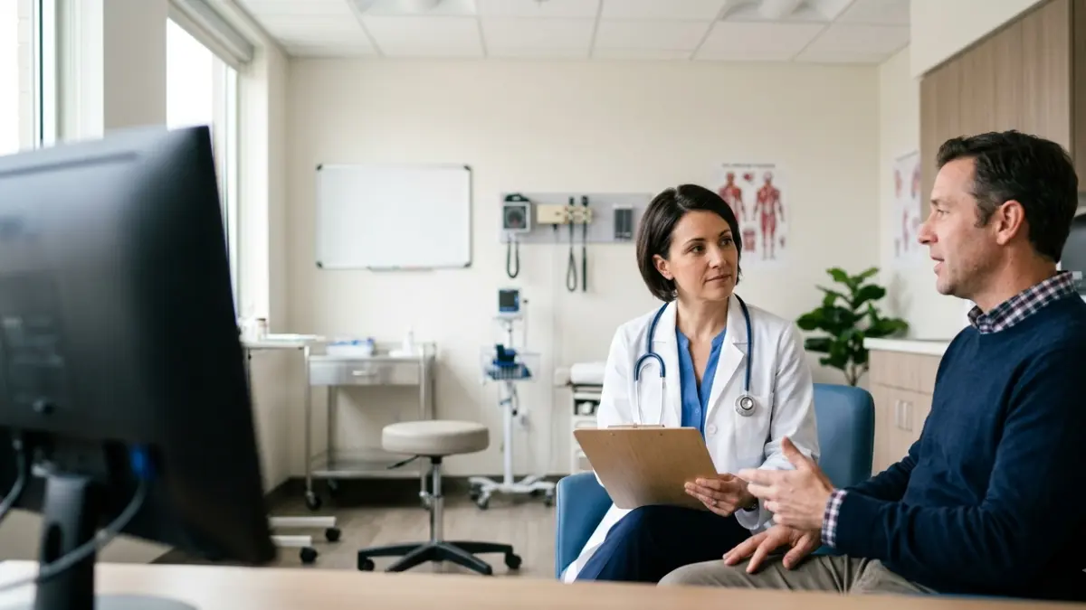 Patient speaking with a primary care physician about requesting a Lipid Panel and additional Lipoprotein(a) blood test during a routine clinic visit