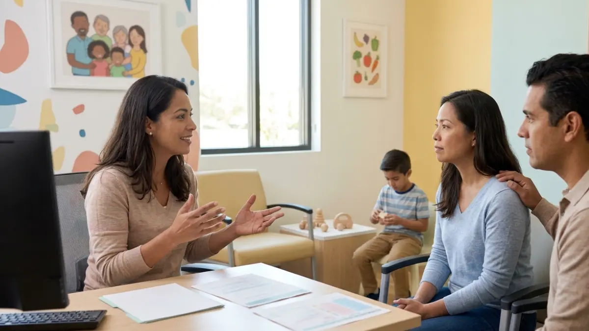 Cholesterol Test for Children follow-up discussion between a pediatrician and parents after routine screening results