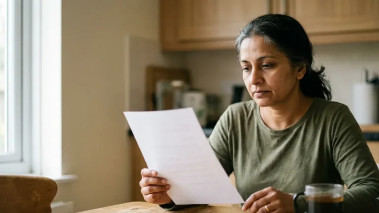 Woman reading her lipid panel results at a kitchen table before her doctor's appointment