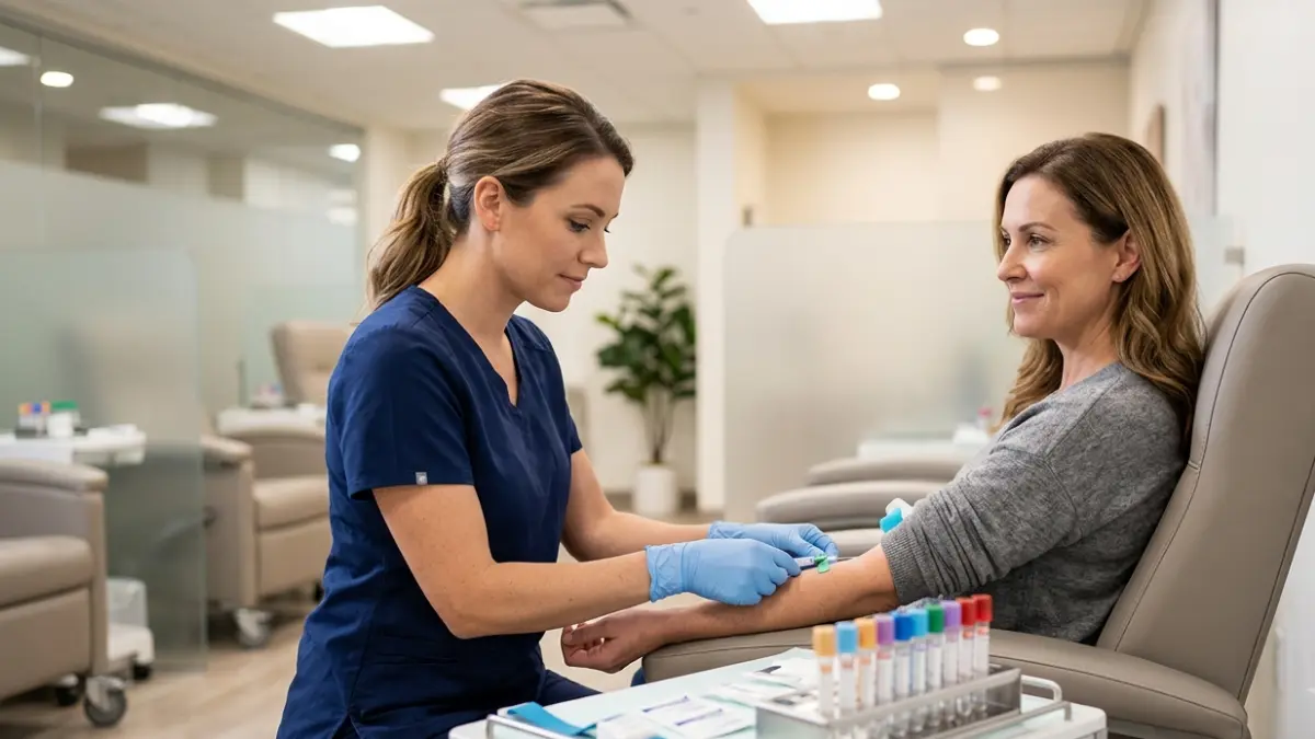 Healthcare professional performing a routine blood draw for a Cholesterol Test in a modern outpatient laboratory