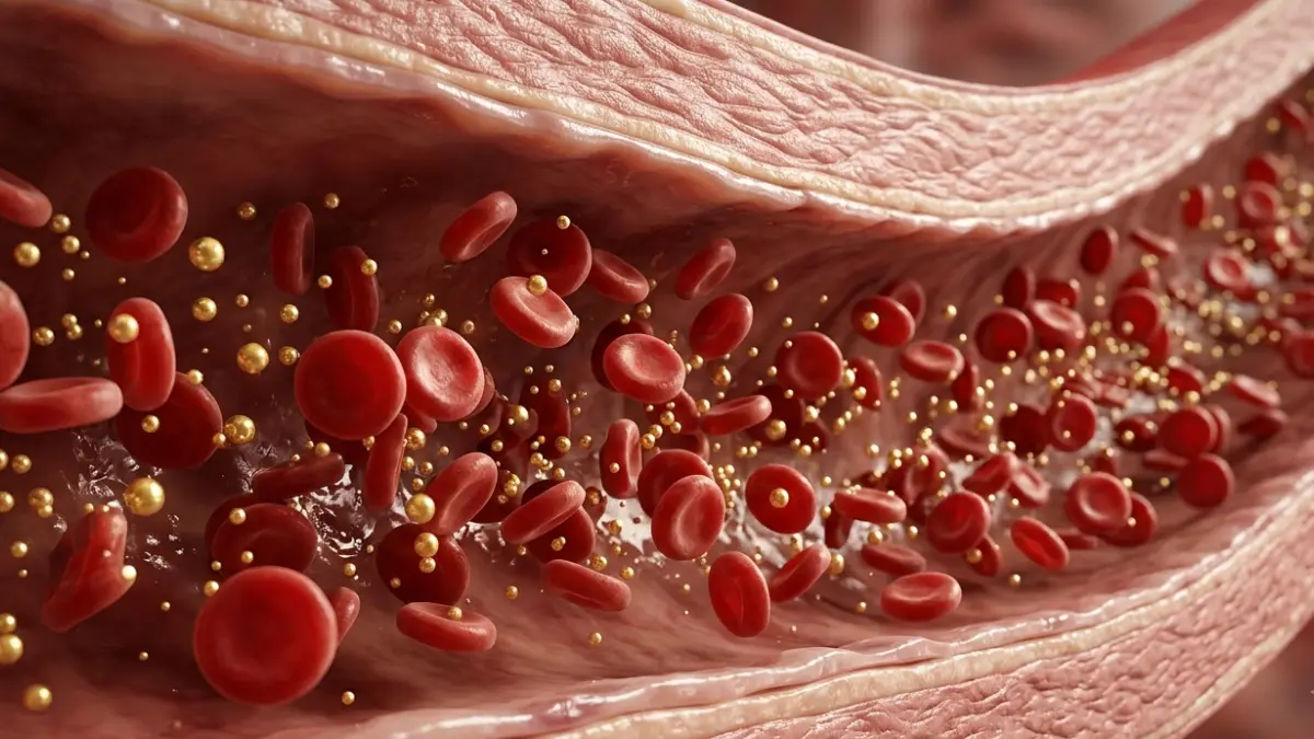 Realistic illustration showing Triglycerides particles circulating within the bloodstream alongside healthy red blood cells.
