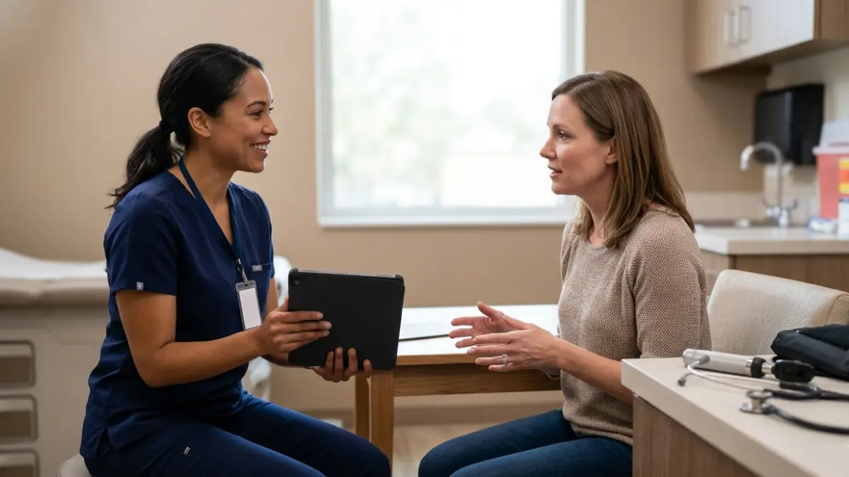 Patient discussing high Triglycerides blood test results with a primary care physician during a medical consultation.