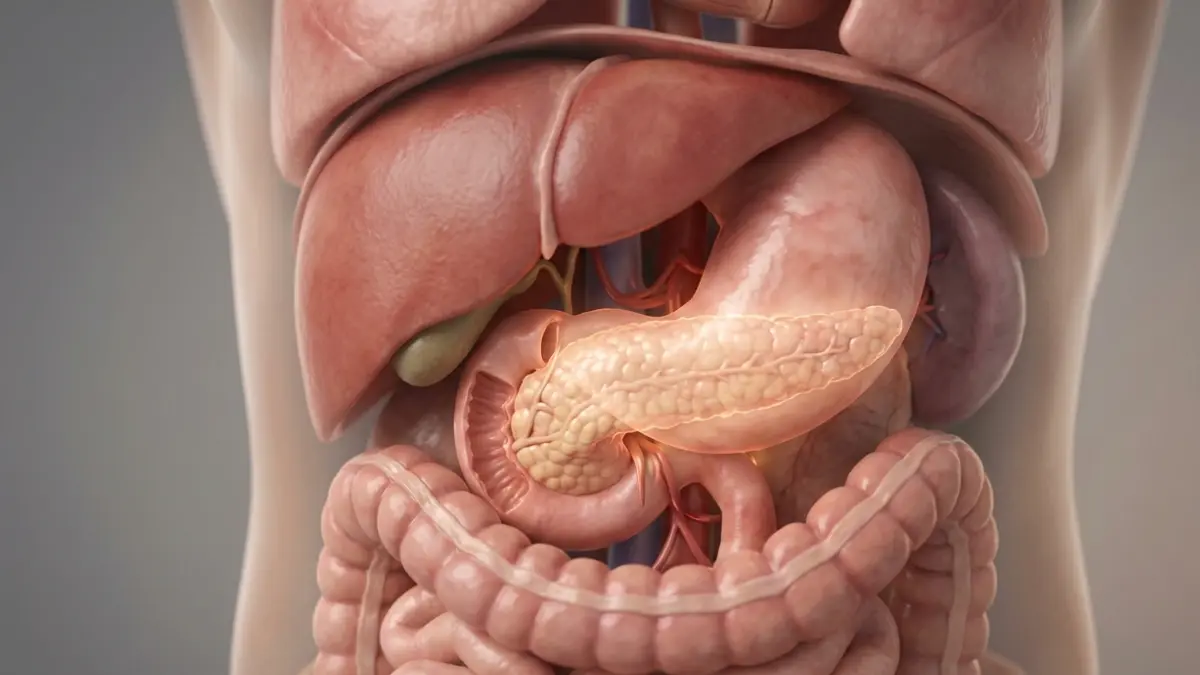 Anatomically accurate pancreas illustrating why very high Triglycerides may increase pancreatitis risk.