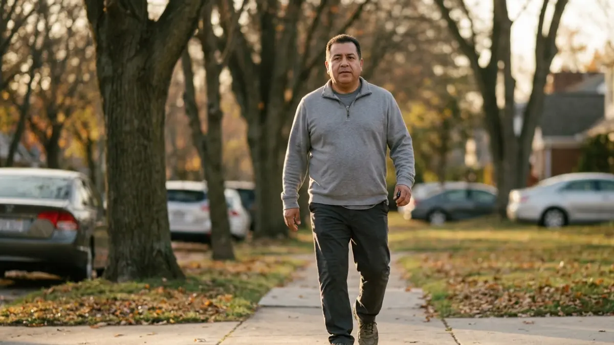 Man walking briskly along a suburban street, everyday activity that runs alongside lipid panel treatment goals