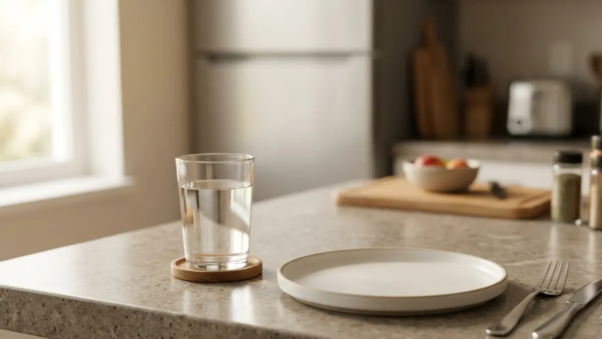 Glass of plain water prepared during fasting before a Cholesterol Test with no food on the table