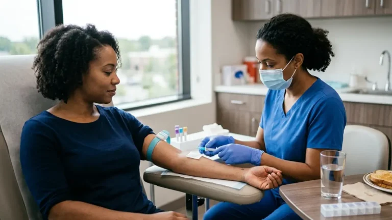 Healthcare professional collecting a blood sample while a patient prepares for testing, illustrating What Affects BMP Results before a routine blood test.