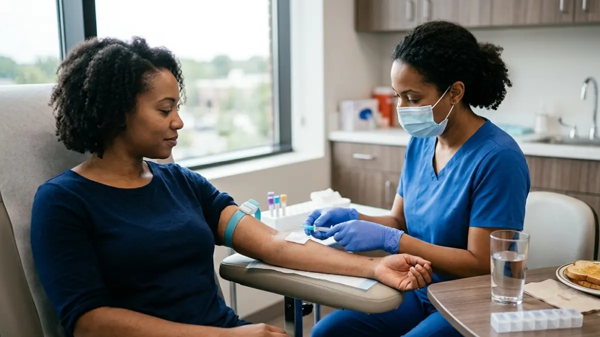 Healthcare professional collecting a blood sample while a patient prepares for testing, illustrating What Affects BMP Results before a routine blood test.