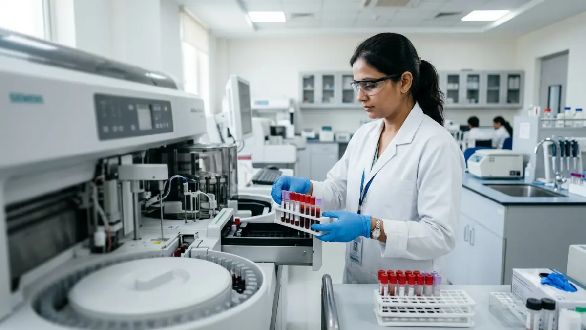 Laboratory technologist processing blood samples to illustrate What Affects BMP Results and differences in laboratory testing methods.