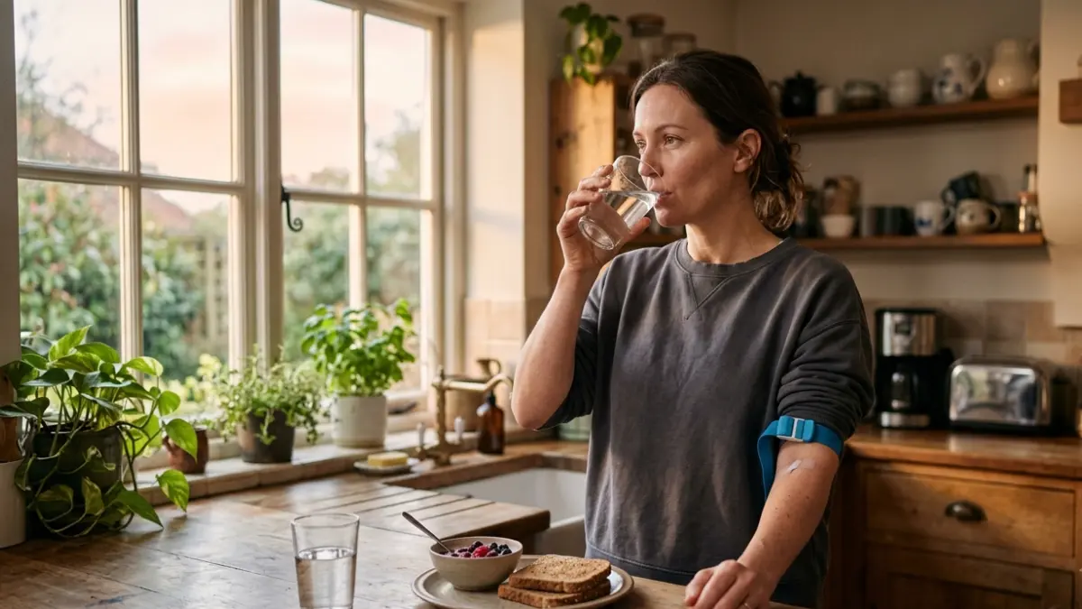 Adult drinking plain water before a morning blood test, demonstrating What Affects BMP Results through proper fasting and hydration.