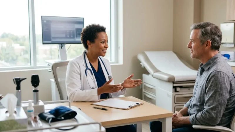 Doctor explaining the reason for a BMP blood test during a routine primary care visit